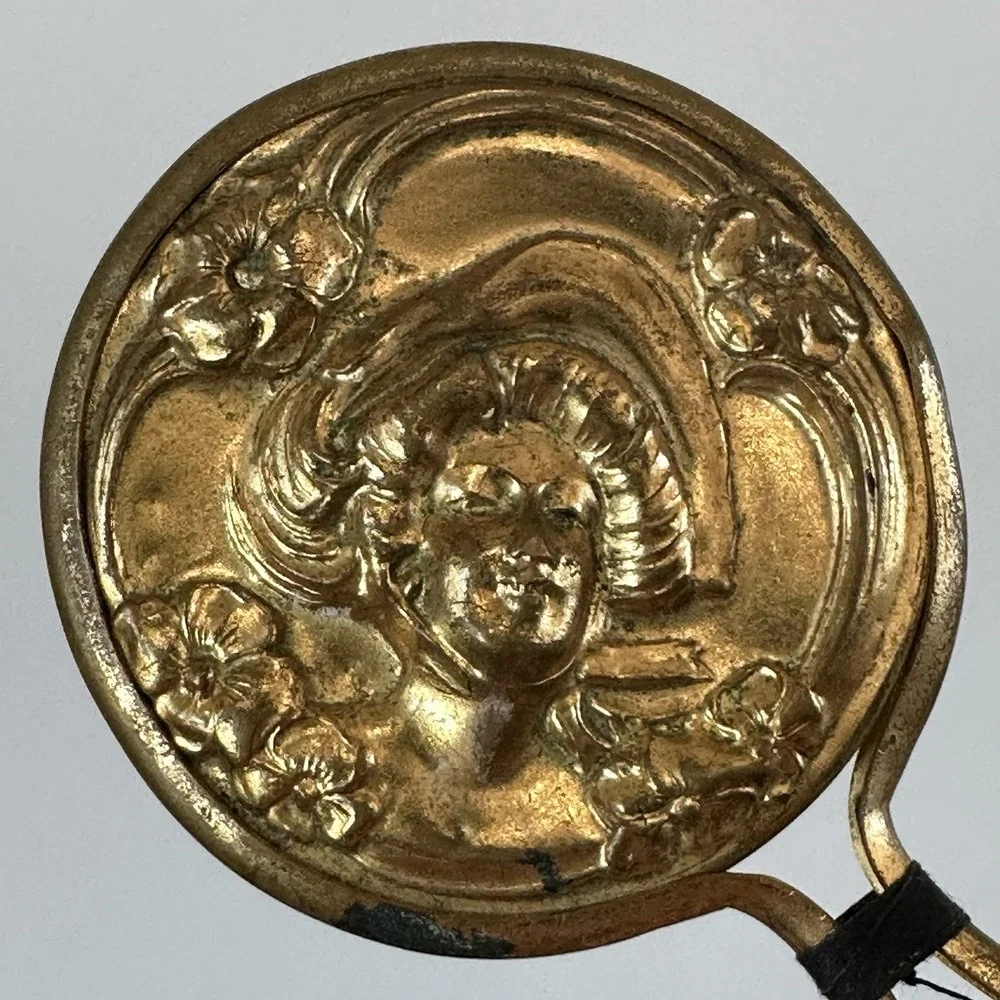 VTG Art Nouveau Small Hand Mirror‎ Gold Lady's Face Purse